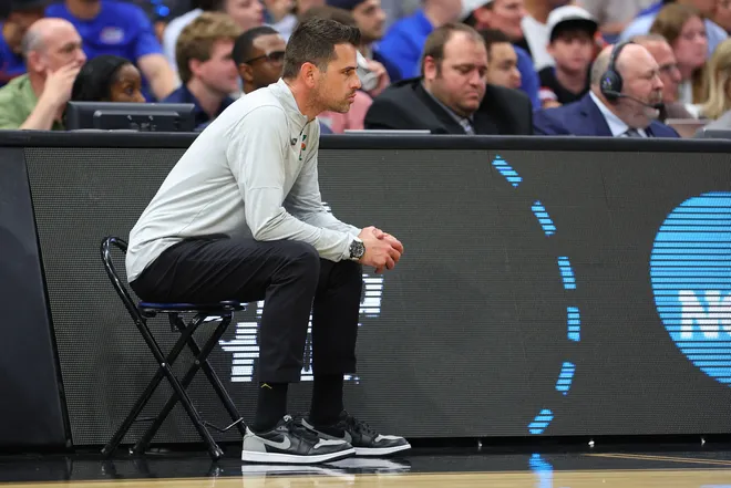 TAMPA, FLORIDA - MARCH 22: Head coach Todd Golden of the Florida Gators looks on during the first half against the Iowa Hawkeyes in the second round of the 2026 NCAA Men's Basketball Tournament at Benchmark International Arena on March 22, 2026 in Tampa, Florida. (Photo by Mike Carlson/Getty Images)