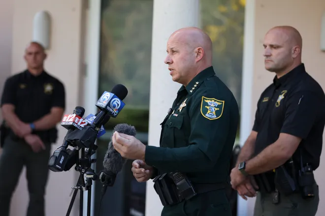 Martin County Sheriff John Budensiek speaks about Tiger Woods' rollover crash on Jupiter Island on March 27, 2026 at Jupiter Island Town Hall. The crash occurred just after 2 p.m. in the 200 block of Beach Road, officials said.