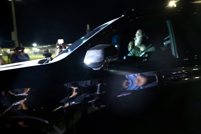 Tiger Woods sits in the passenger seat after leaving the Martin County jail in Stuart, Florida, following his DUI arrest on March 27, 2026.