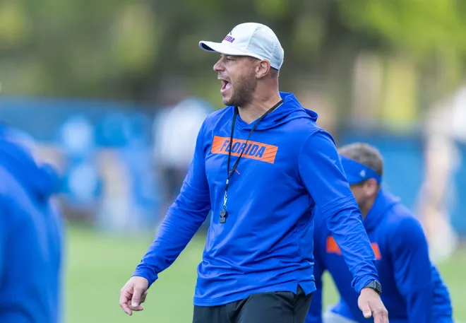 Florida head football coach Jon Sumrall reacts during spring practice at Sanders Practice Fields in Gainesville, FL on Tuesday, March 24, 2026. [Alan Youngblood/Gainesville Sun]