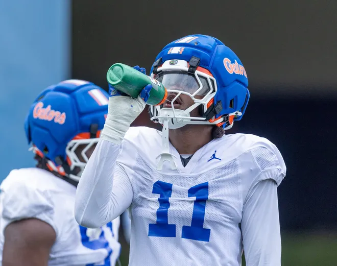 Florida defensive lineman U McCray (11) takes a break during spring practice at Sanders Practice Fields in Gainesville, FL on Tuesday, March 24, 2026. [Alan Youngblood/Gainesville Sun]