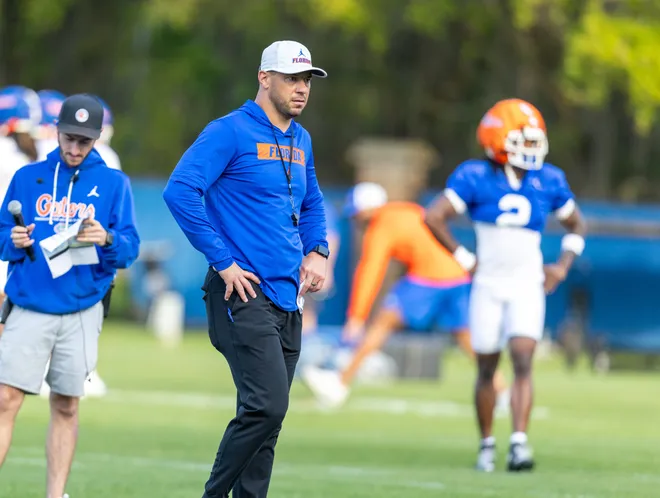 Florida head football coach Jon Sumrall reacts during spring practice at Sanders Practice Fields in Gainesville, FL on Tuesday, March 24, 2026. [Alan Youngblood/Gainesville Sun]