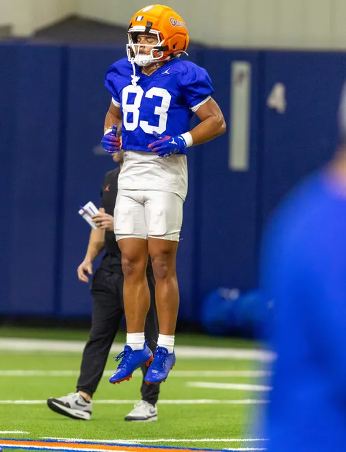 Florida wide receiver Justin Williams (83) warms up during spring practice at Sanders Practice Fields in Gainesville, FL on Tuesday, March 24, 2026. [Alan Youngblood/Gainesville Sun]