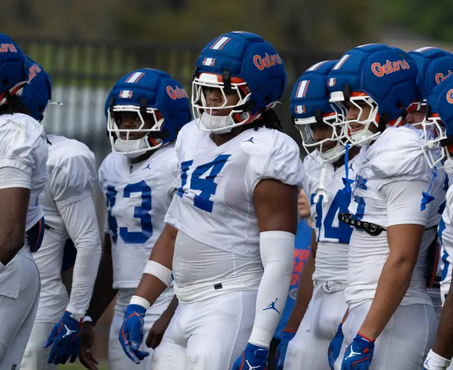 Florida jack linebacker KJ Ford (14) during spring practice at Sanders Practice Fields in Gainesville, FL on Tuesday, March 24, 2026. [Alan Youngblood/Gainesville Sun]
