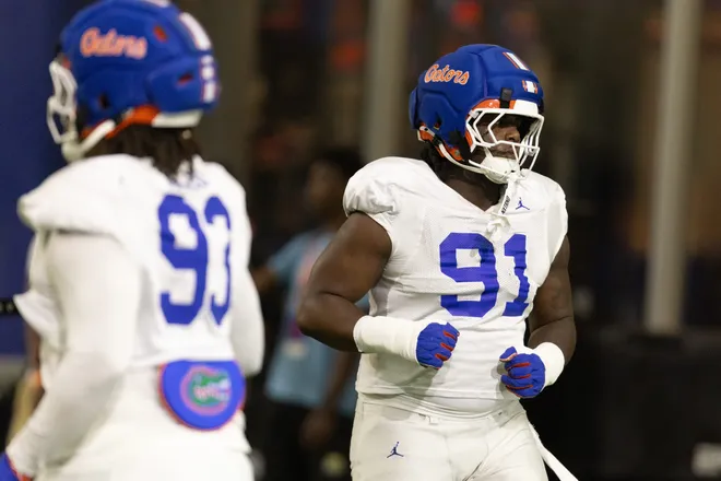 Florida defensive lineman Jeramiah McCloud (91) works during spring practice at Sanders Practice Fields in Gainesville, FL on Tuesday, March 24, 2026. [Alan Youngblood/Gainesville Sun]