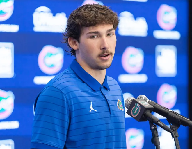 Florida quarterback Aaron Philo (12) speaks during a press conference after spring practice at Sanders Practice Fields in Gainesville, FL on Tuesday, March 24, 2026. [Alan Youngblood/Gainesville Sun]