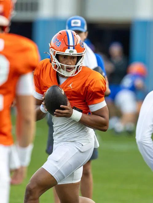 Florida quarterback Tramell Jones Jr. (9) works during spring practice at Sanders Practice Fields in Gainesville, FL on Tuesday, March 24, 2026. [Alan Youngblood/Gainesville Sun]