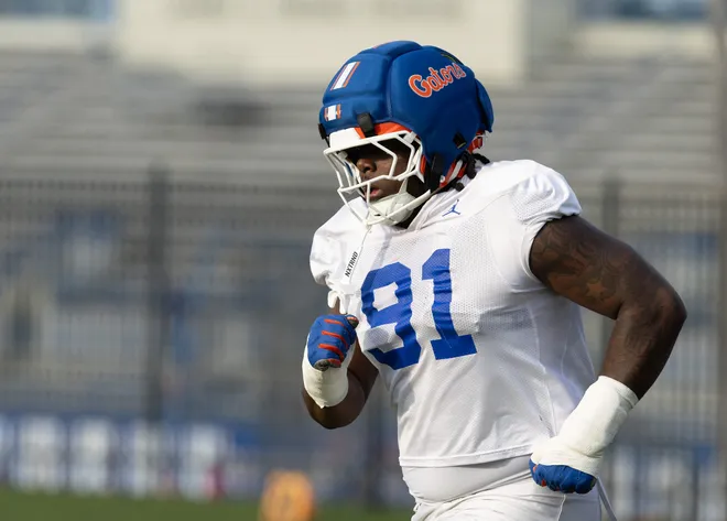 Florida defensive lineman Jeramiah McCloud (91) during spring practice at Sanders Practice Fields in Gainesville, FL on Tuesday, March 24, 2026. [Alan Youngblood/Gainesville Sun]