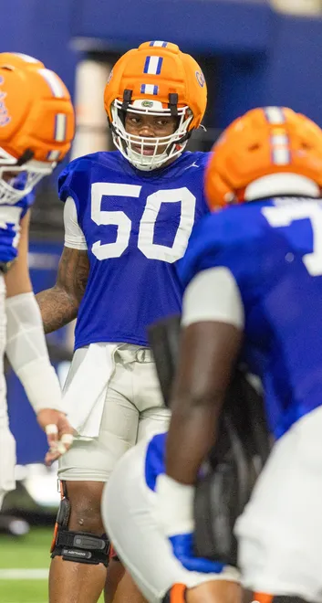 Florida offensive lineman Jason Zandamela (50) works during spring practice at Sanders Practice Fields in Gainesville, FL on Tuesday, March 24, 2026. [Alan Youngblood/Gainesville Sun]