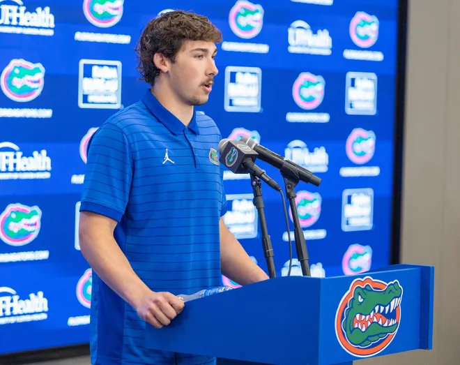 Florida quarterback Aaron Philo (12) speaks during a press conference after spring practice at Sanders Practice Fields in Gainesville, FL on Tuesday, March 24, 2026. [Alan Youngblood/Gainesville Sun]
