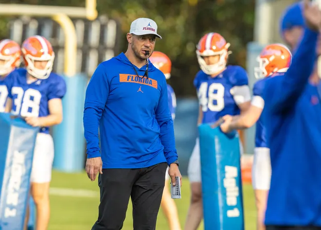 Florida head football coach Jon Sumrall reacts during spring practice at Sanders Practice Fields in Gainesville, FL on Tuesday, March 24, 2026. [Alan Youngblood/Gainesville Sun]