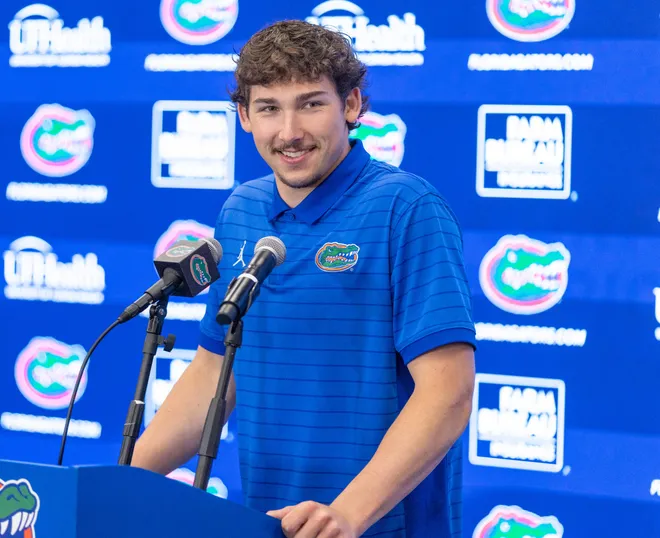 Florida quarterback Aaron Philo (12) speaks during a press conference after spring practice at Sanders Practice Fields in Gainesville, FL on Tuesday, March 24, 2026. [Alan Youngblood/Gainesville Sun]