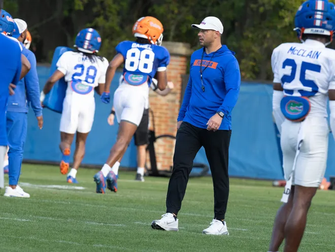 Florida head football coach Jon Sumrall supervises during spring practice at Sanders Practice Fields in Gainesville, FL on Tuesday, March 24, 2026. [Alan Youngblood/Gainesville Sun]