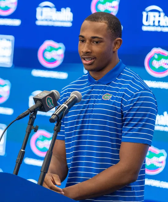 Florida quarterback Tramell Jones Jr. (9) speaks during a press conference after spring practice at Sanders Practice Fields in Gainesville, FL on Tuesday, March 24, 2026. [Alan Youngblood/Gainesville Sun]