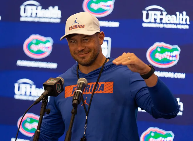 Florida head football coach Jon Sumrall speaks during a press conference after spring practice at Sanders Practice Fields in Gainesville, FL on Tuesday, March 24, 2026. [Alan Youngblood/Gainesville Sun]