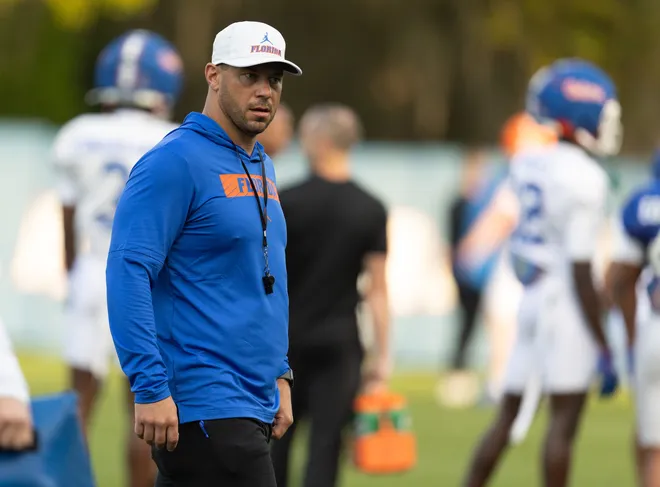 Florida head football coach Jon Sumrall reacts during spring practice at Sanders Practice Fields in Gainesville, FL on Tuesday, March 24, 2026. [Alan Youngblood/Gainesville Sun]