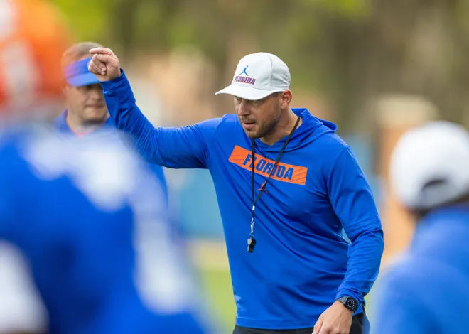 Florida head football coach Jon Sumrall reacts during spring practice at Sanders Practice Fields in Gainesville, FL on Tuesday, March 24, 2026. [Alan Youngblood/Gainesville Sun]