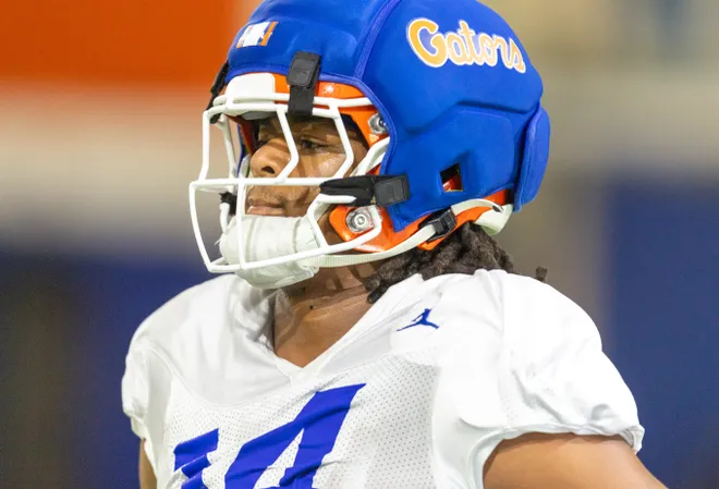 Florida jack linebacker KJ Ford (14) works during spring practice at Sanders Practice Fields in Gainesville, FL on Tuesday, March 24, 2026. [Alan Youngblood/Gainesville Sun]