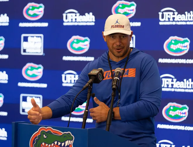 Florida head football coach Jon Sumrall speaks during a press conference after spring practice at Sanders Practice Fields in Gainesville, FL on Tuesday, March 24, 2026. [Alan Youngblood/Gainesville Sun]