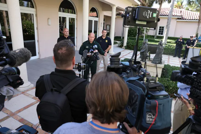 Martin County Sheriff John Budensiek speaks about Tiger Woods' rollover crash on Jupiter Island on March 27, 2026 at Jupiter Island Town Hall.