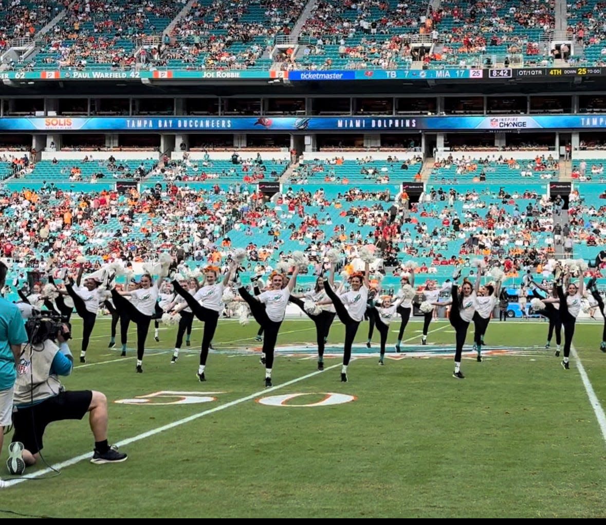 A screenshot of the dancers performing at the Dec. 28, 2025 Dolphins vs. Buccaneers halftime show.