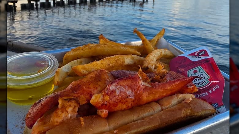 A claw meat-filled lobster roll with the waterview in the background at Leon's Lobstah Shack in Tampa, FL