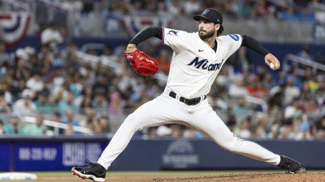 Miami Marlins pitcher Andrew Nardi (43) pitches against the Colorado Rockies in the eighth inning of their MLB game at loanDepot park on Friday, March 27, 2026, in Miami, Fla.