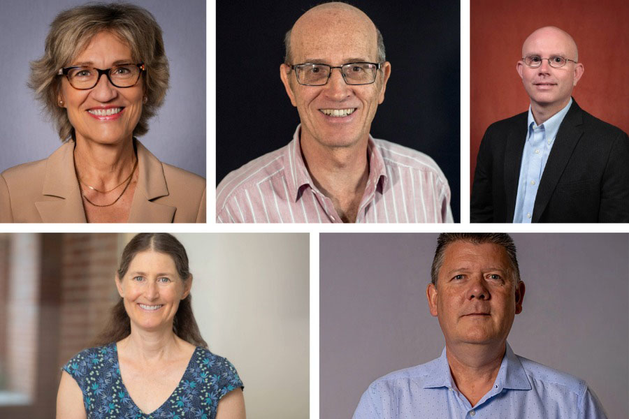 A collage featuring professional headshots of five individuals. The top row shows three people: a woman with short blonde hair and glasses wearing a tan blazer, a man with glasses in a striped button-down shirt, and a man with glasses in a black suit jacket against a red background. The bottom row shows two people: a woman with long brown hair in a blue patterned top and a man in a light blue button-down shirt. All individuals are smiling or looking directly at the camera against neutral studio backgrounds.