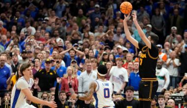 Iowa forward Alvaro Folgueiras (7) puts up a three point shot against Florida during the second half in the second round of the NCAA college basketball tournament Sunday, March 22, 2026, in Tampa, Fla. (AP Photo/Chris O'Meara)