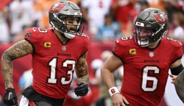 Tampa Bay Buccaneers wide receiver Mike Evans celebrates after scoring with quarterback Baker Mayfield against the Carolina Panthers during the first half of an NFL football game Sunday, Dec. 29, 2024, in Tampa, Fla. (AP Photo/Jason Behnken)
