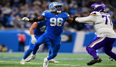 Detroit Lions linebacker Al-Quadin Muhammad rushes the quarterback during the second half of an NFL football game against the Minnesota Vikings in Detroit, Sunday, Nov. 2, 2025. (AP Photo/David Dermer)