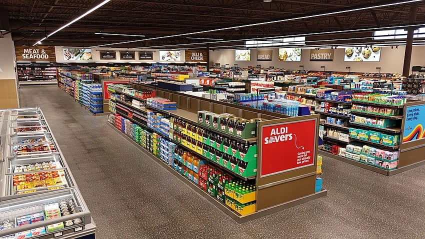 The inside of an Aldi grocery store.