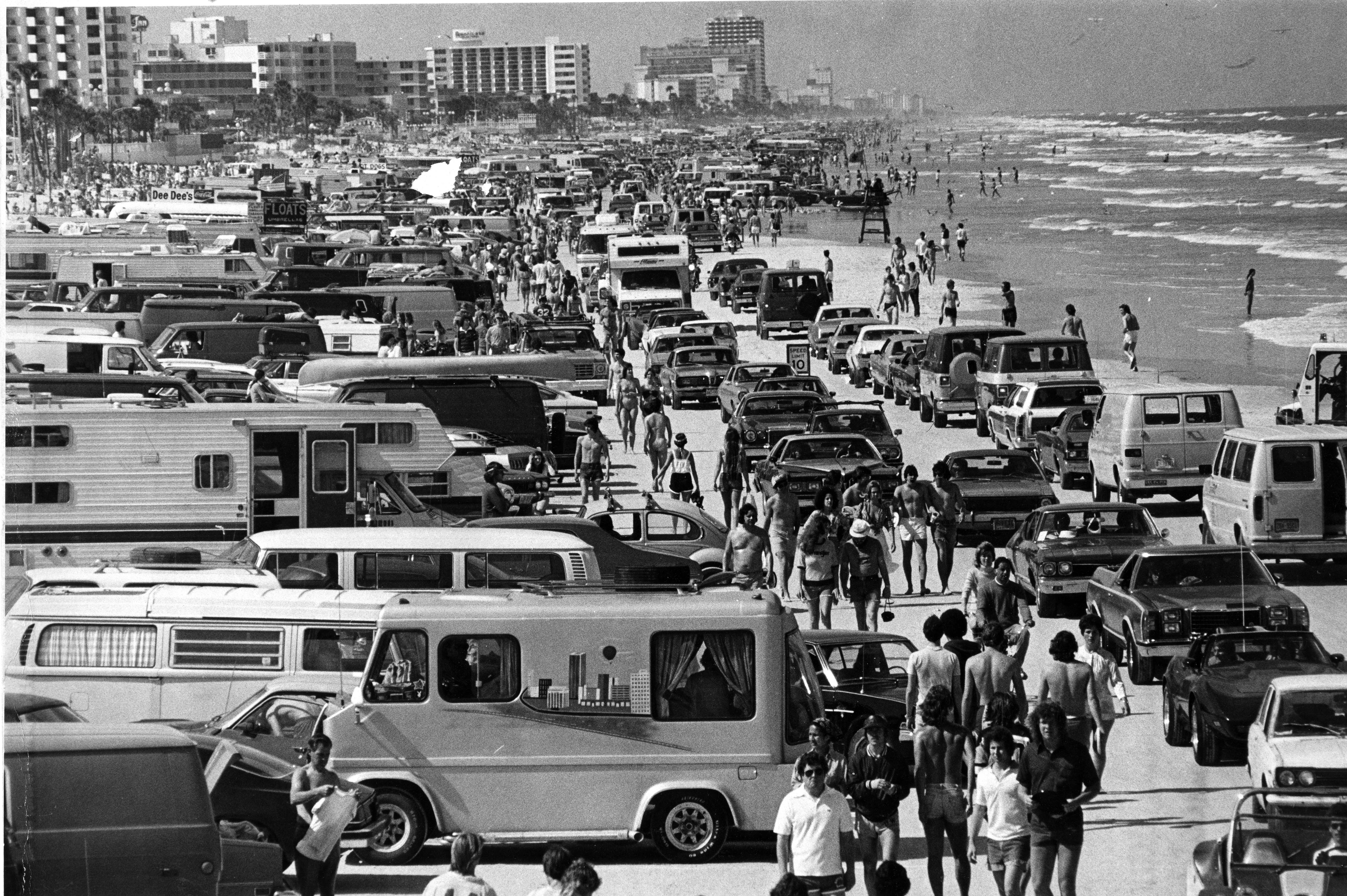 Crowds on Daytona Beach during Spring Break in March 1978....