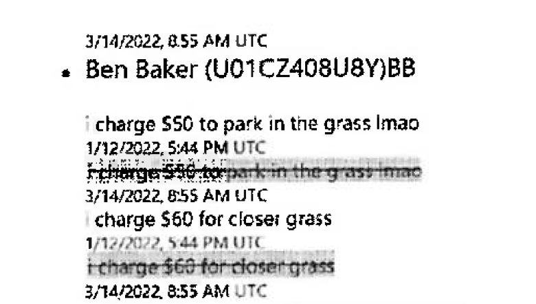A screenshot of a digital message exchange dated between January and March 2022 involving a Live Nation employee identified as Ben Baker. The text reads: 'i charge $50 to park in the grass lmao' followed by a subsequent message stating 'i charge $60 for closer grass.' The messages are time-stamped and include internal employee identification codes.