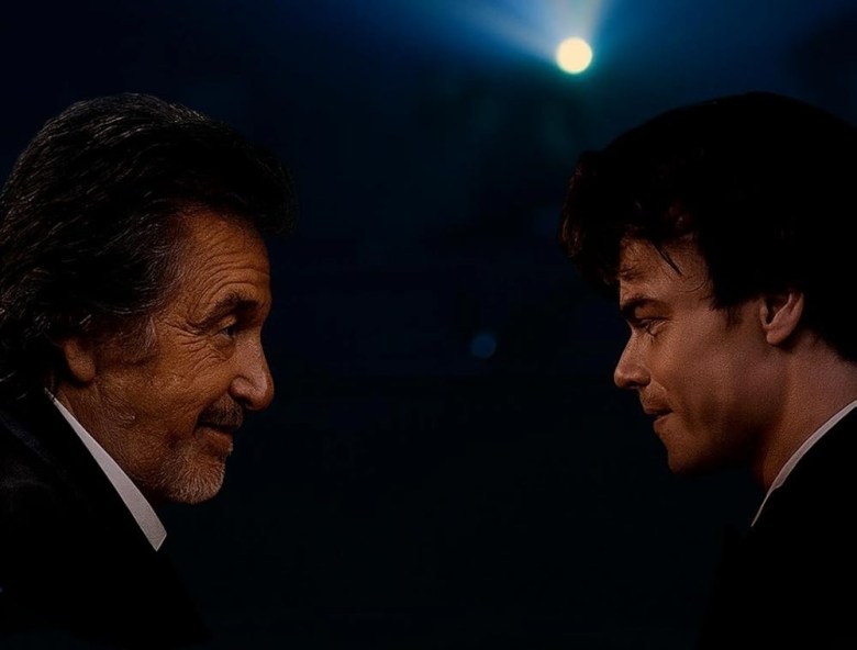 Al Pacino and Charlie Heaton face each other while a light shines in the background.