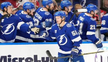 Tampa Bay Lightning center Jake Guentzel (59) celebrates his goal against the Detroit Red Wings with the bench during the third period of an NHL hockey game Thursday, March 12, 2026, at Benchmark International Arena in Tampa, Fla. (AP Photo/Chris O'Meara)