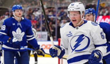 Tampa Bay Lightning Jake Guentzel (59) celebrates a goal against the Toronto Maple Leafs during first period NHL action in Toronto, on Saturday, March 7, 2026. (Frank Gunn/The Canadian Press via AP)