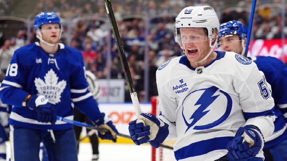 Tampa Bay Lightning Jake Guentzel (59) celebrates a goal against the Toronto Maple Leafs during first period NHL action in Toronto, on Saturday, March 7, 2026. (Frank Gunn/The Canadian Press via AP)