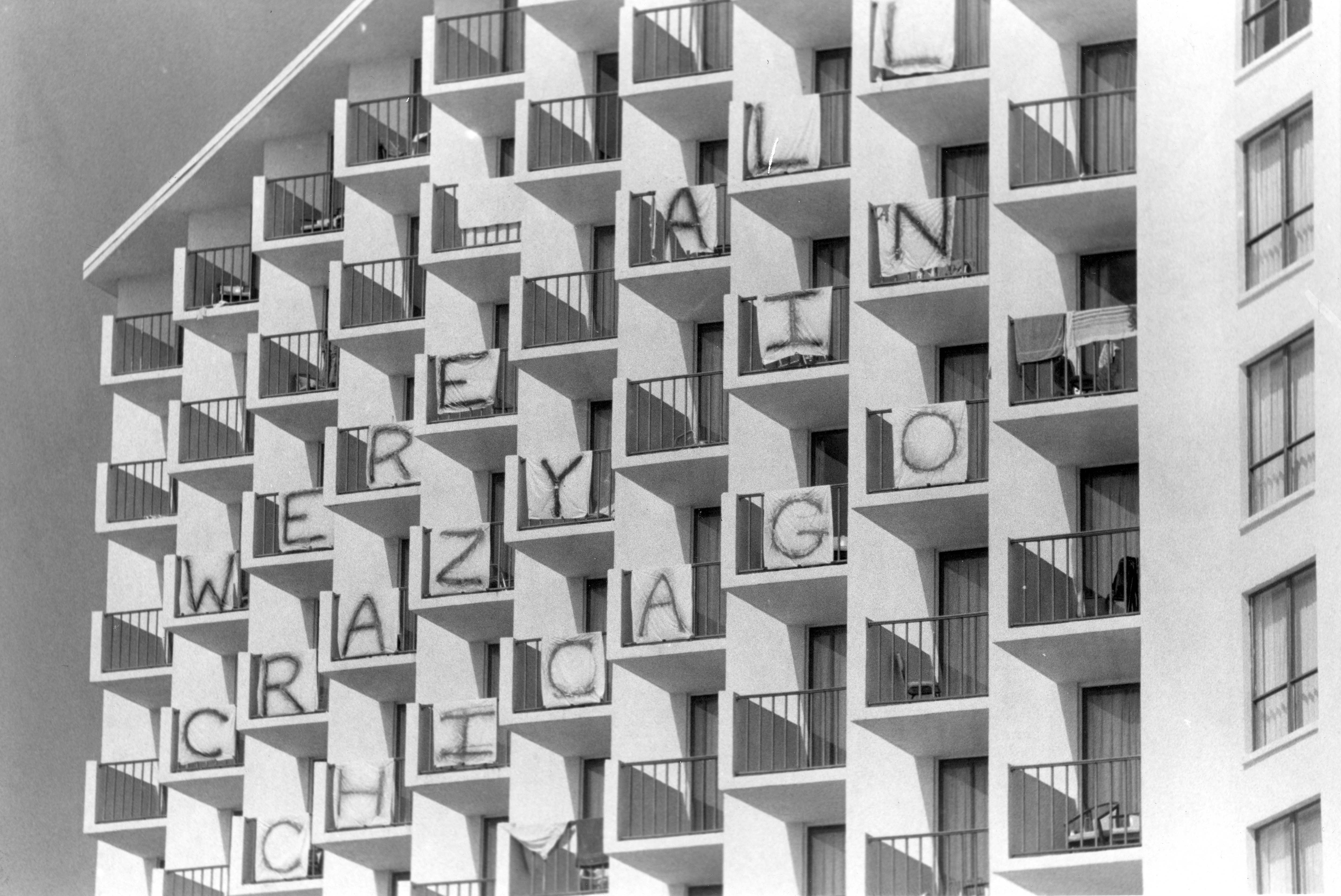 Students visiting from Chicago decorate the Whitehall Motel in Daytona...