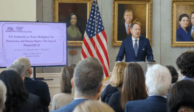 Former U.S. Ambassador Mark Brzezinski’s presentation, “U.S. Embassies as 'Force Multipliers' for Democracy and Human Rights: The Case of Poland 2021-25,” described U.S. embassies as the most effective operational tools for advancing human rights. (Photo provided by the FSU College of Law)