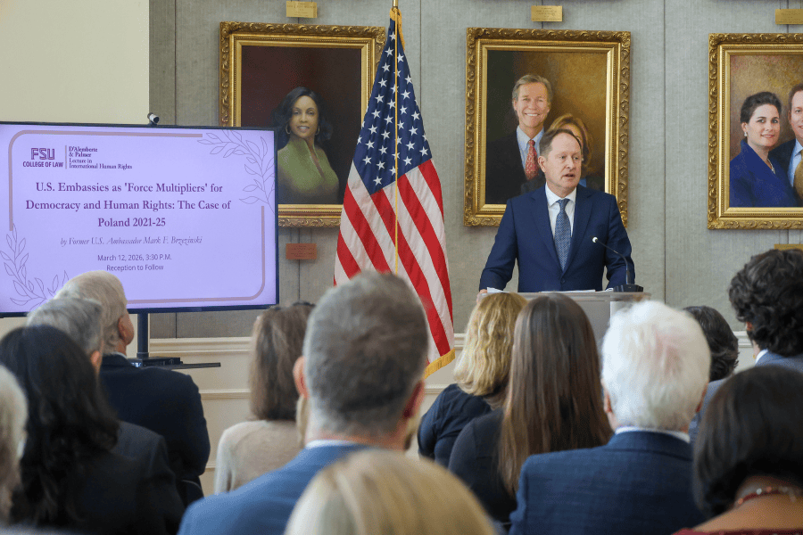 Former U.S. Ambassador Mark Brzezinski’s presentation, “U.S. Embassies as 'Force Multipliers' for Democracy and Human Rights: The Case of Poland 2021-25,” described U.S. embassies as the most effective operational tools for advancing human rights. (Photo provided by the FSU College of Law)