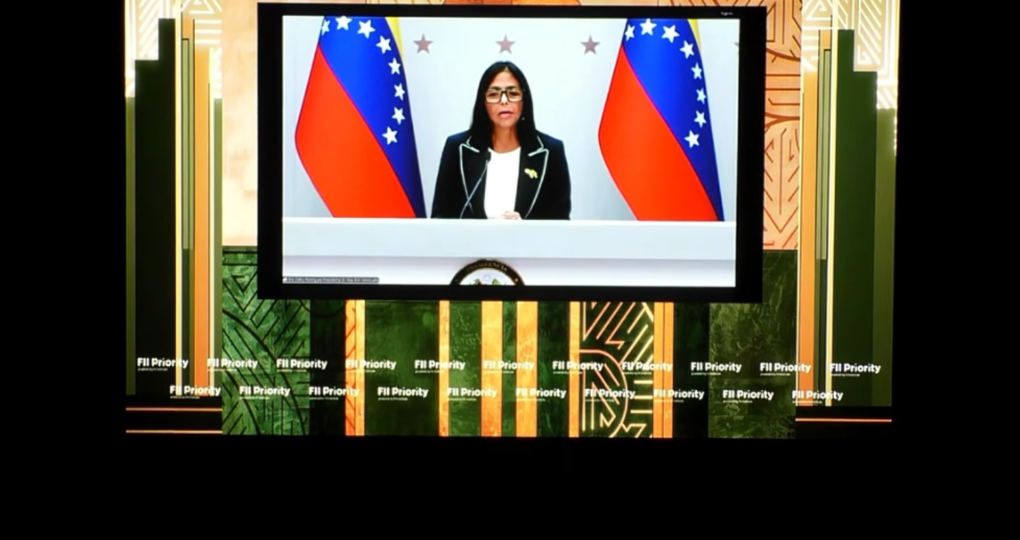 A photo of a bespectacled woman flanked by Venezuelan flags and appearing via video call on a large TV screen.