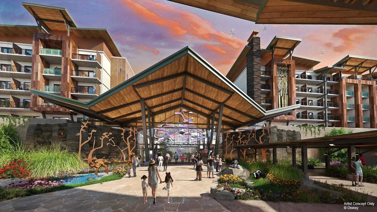 Artist's concept of the Lakeshore Lodge entrance, showcasing angular roofs surrounded by lush landscaping, where modern architecture meets natural beauty. Guests stroll through this inviting space, eagerly anticipating their stay at the newly constructed lakeside retreat.
