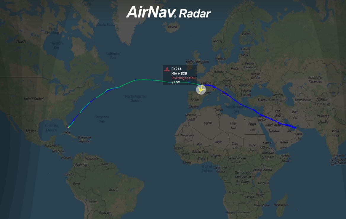 Emirates flight EK214 from Miami is declaring an emergency and diverting in Europe