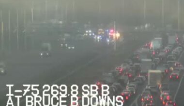 I-75 northbound has been closed since around 6 a.m. due to a fatal crash at Bruce B Downs Blvd in Tampa. (FDOT)