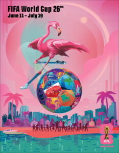 Poster with illustration of flamingo jumping over soccer ball in front of Miami skyline (© Rubem Robierb/FIFA)