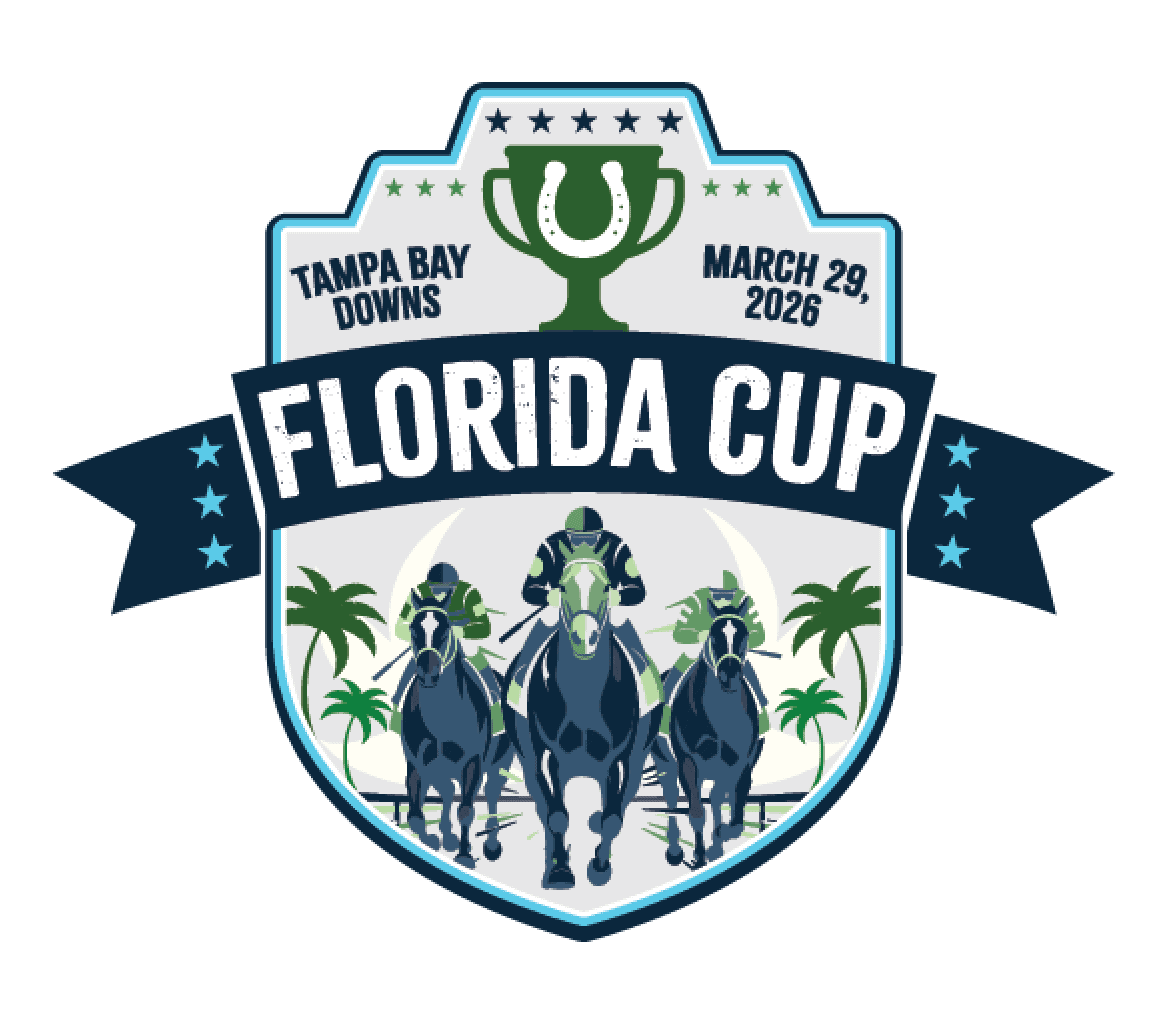 Badge logo for the 2026 Florida Cup at Tampa Bay Downs. The badge consists of a trophy centered at its top, with a horseshoe overlaid on top of the cup and “Tampa Bay Downs,” “March 29, 2026,” flanking its left and right sides respectively. There’s a ribbon cutting across the center of the badge that reads, “Florida Cup,” in all capital letters, and an illustration of three horses galloping beneath the ribbon.