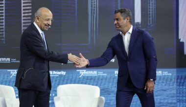 H.E. Khalid bin Abdulaziz Al-Falih, Minister of Investment, Ministry of Investment of Saudi Arabia and Mayor Francis Suarez of Miami, shake hands on stage at the FII Priority Summit last year.