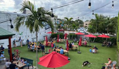 Outdoor photograph of a beer garden with people sitting at tables under red umbrellas on artificial grass, surrounded by palm trees and string lights overhead.