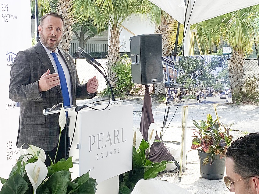 Jacksonville City Council member Kevin Carrico speaks May 29 at the groundbreaking for the second building in the Gateway Jax Pearl Square development.